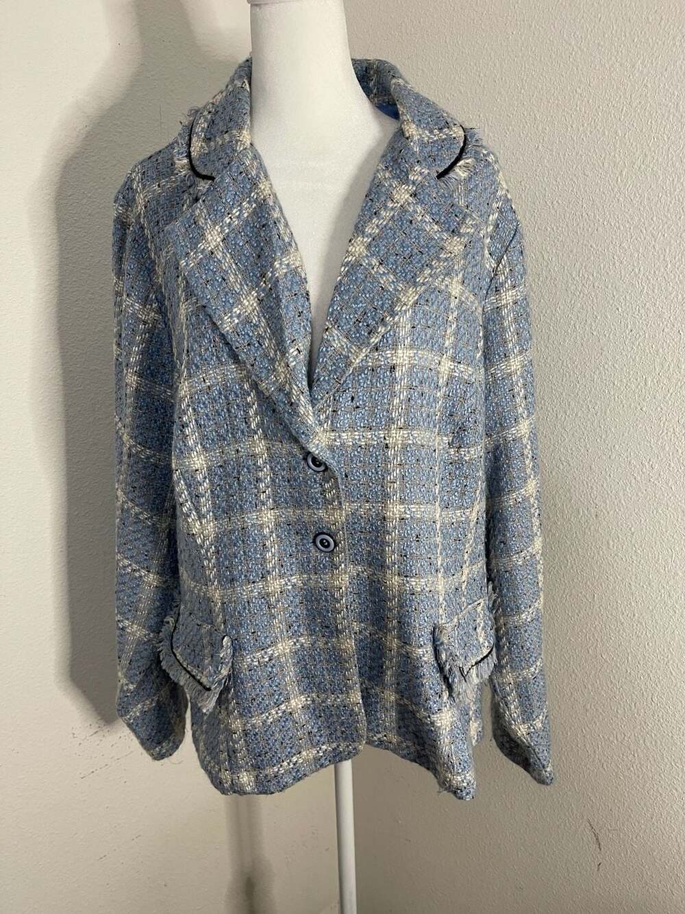 Studio C Plus Blue and Cream Plaid Tweed Blazer Jacket, Size 20W